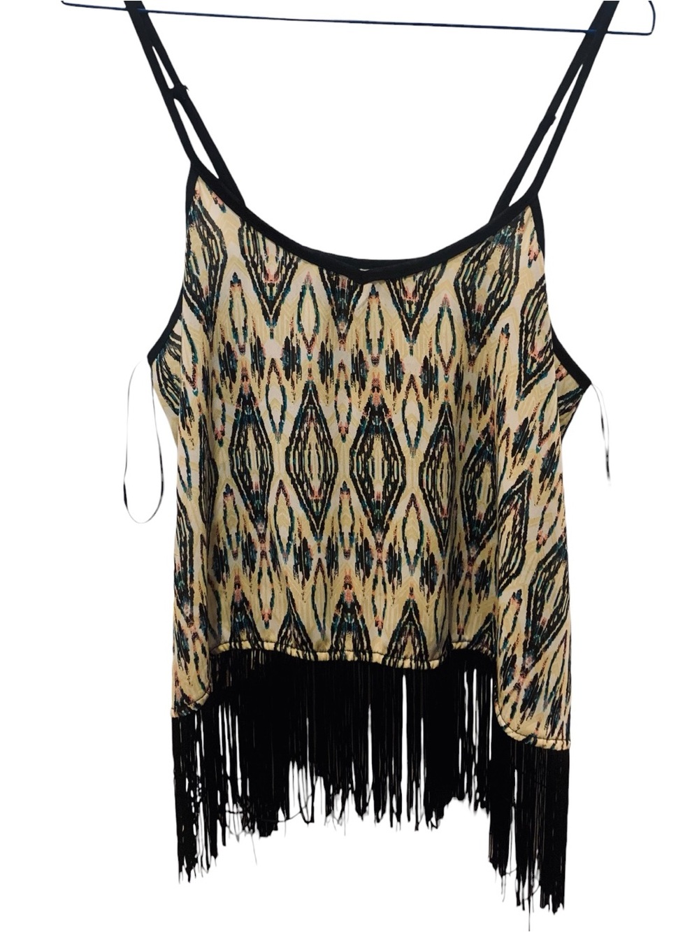 QED London Beige Ikat Fringe Camisole with Black Trim and adjustable straps